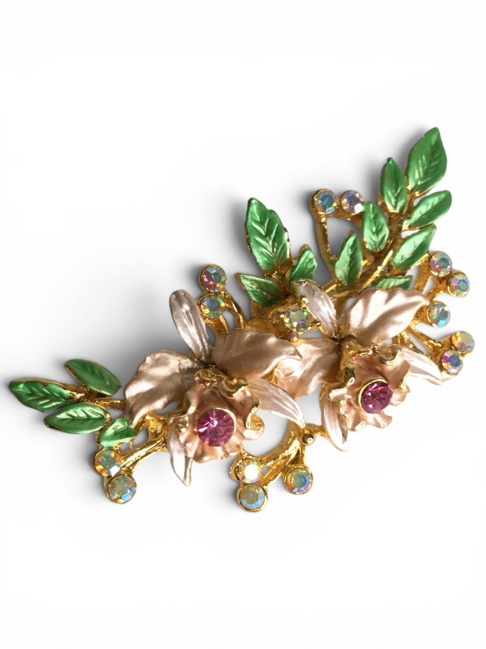 Estate Vtg 1960s Gold‑Tone Enamel Floral Spray Brooch with Pink & AB Rhinestones - Picture 8 of 13